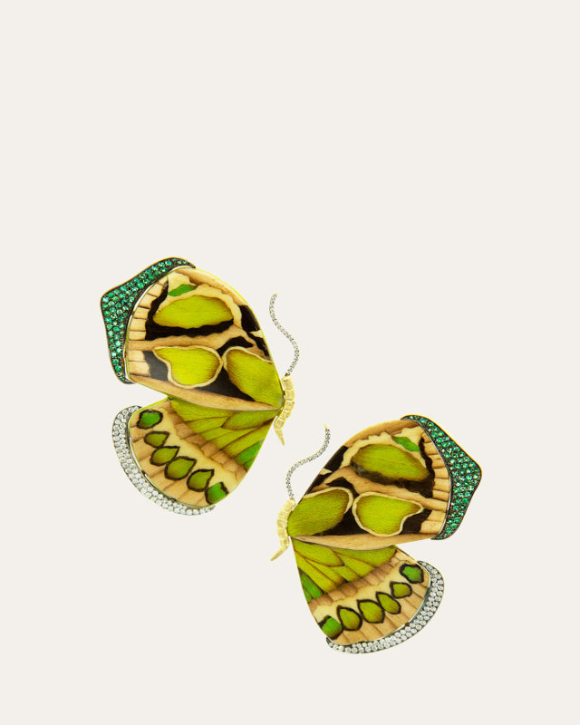 18K Yellow Gold Marquetry Butterfly Earrings with Diamonds and Emeralds